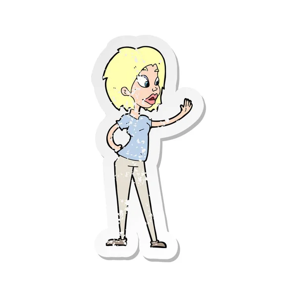 Retro distressed sticker of a cartoon woman waving — Stock Vector