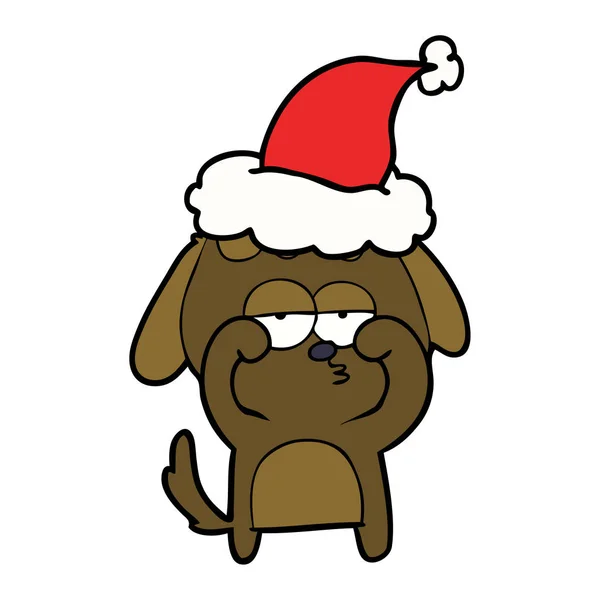 Line drawing of a tired dog wearing santa hat — Stock Vector
