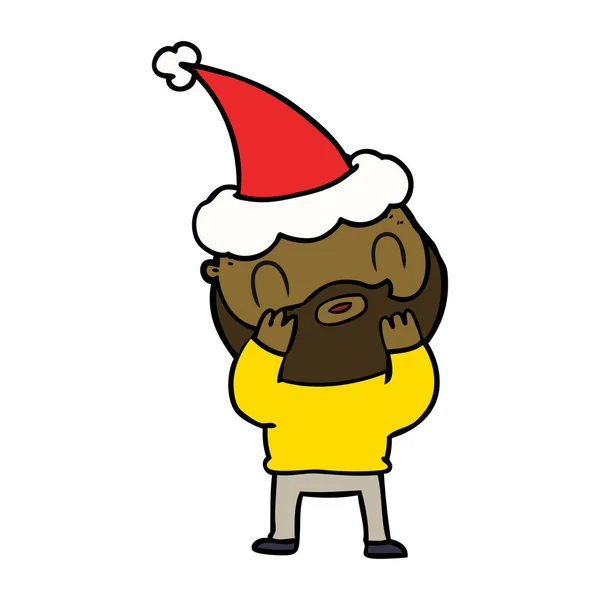 Hand Drawn Line Drawing Bearded Man Wearing Santa Hat — Stock Vector