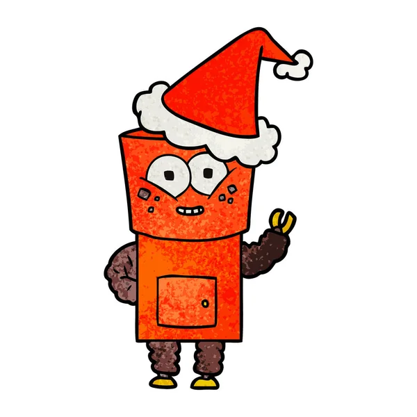 안녕하세요 산타 모자를 흔들며 로봇의 행복 질감된 만화 — 스톡 벡터
