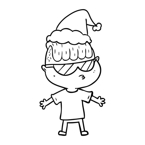 Linha de desenho de um menino usando óculos de sol usando chapéu de santa —  Vetores de Stock