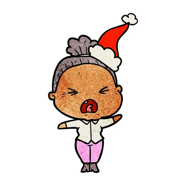 Desenhos animados texturizados de uma velha irritada usando chapéu de Papai Noel —  Vetores de Stock