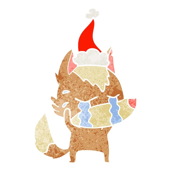 Cartone animato retrò di un lupo piangente indossa cappello di Babbo Natale — Vettoriale Stock