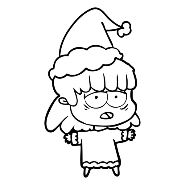 Linha de desenho de uma mulher cansada usando chapéu de santa —  Vetores de Stock