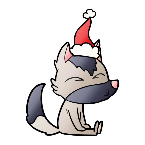 Dibujo Animado Gradiente Dibujado Mano Lobo Silbando Usando Sombrero Santa — Vector de stock