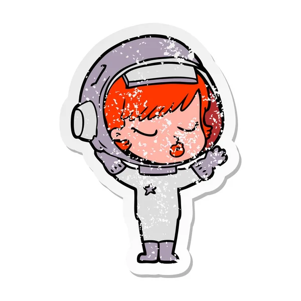 Distressed sticker of a cartoon pretty astronaut girl — Stock Vector