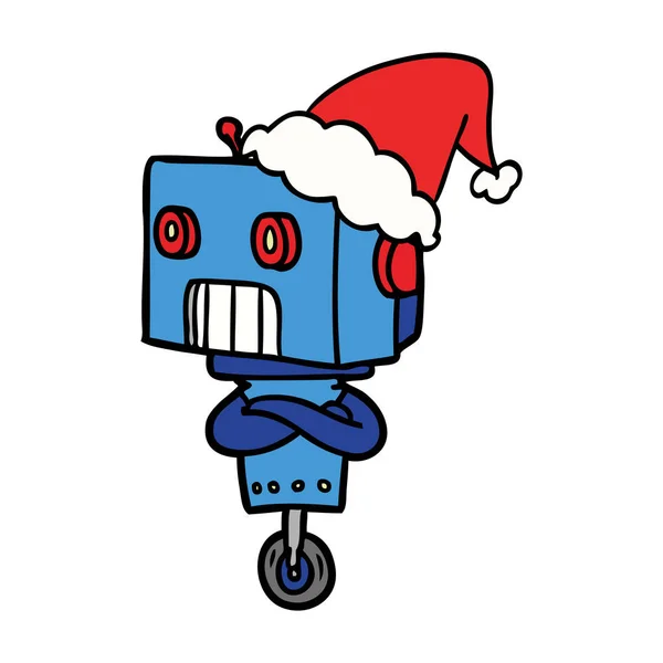 Handgezeichnete Linienzeichnung Eines Roboters Mit Weihnachtsmütze — Stockvektor