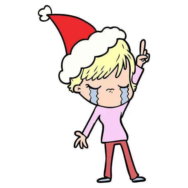 Hand Drawn Line Drawing Woman Crying Wearing Santa Hat — Stock Vector