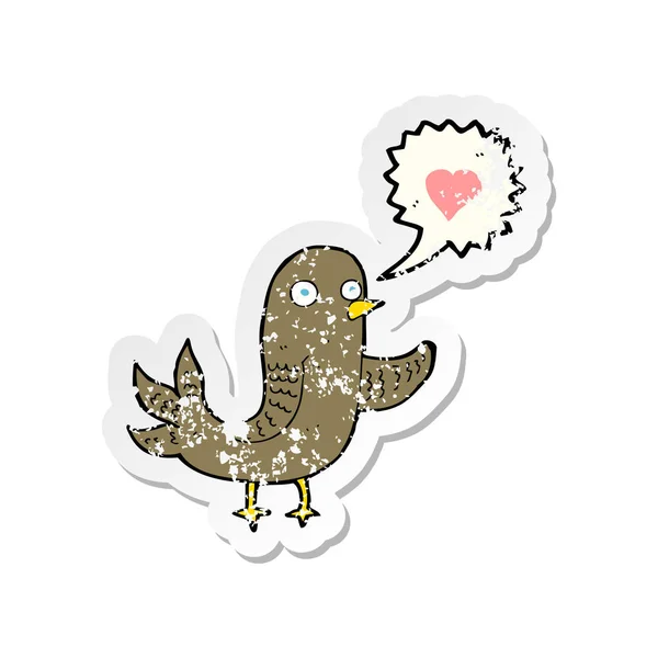 Retro adesivo angosciato di un uccello del fumetto che canta — Vettoriale Stock