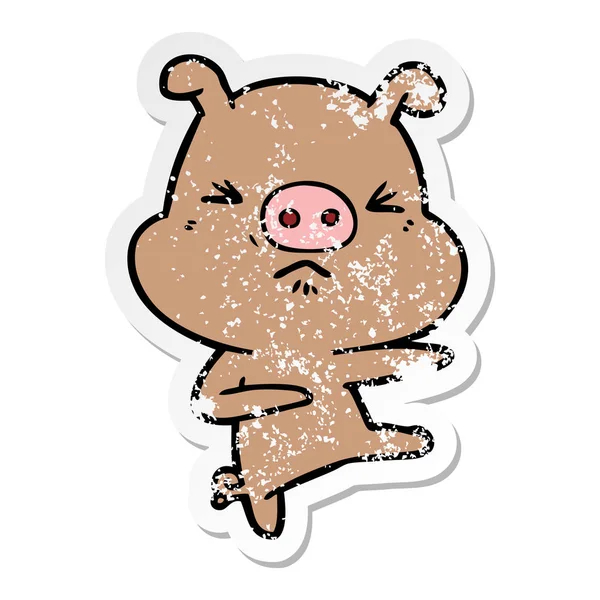 一个卡通愤怒的猪踢出苦恼的贴纸 — 图库矢量图片