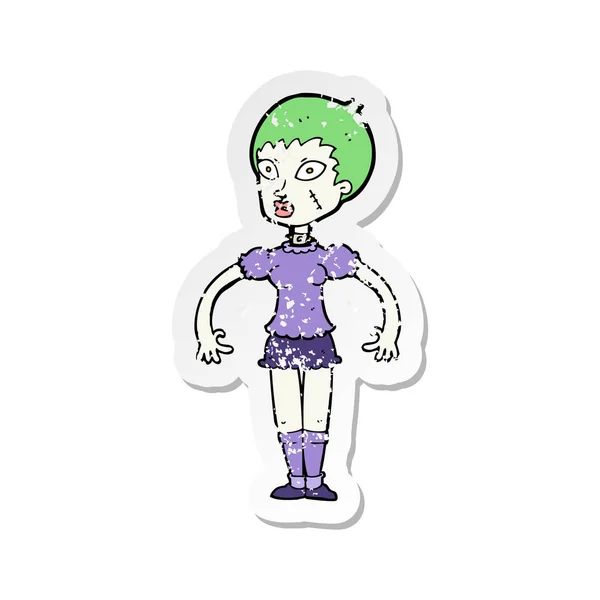 Retro Distressed Sticker Cartoon Zombie Monster Woman — Stock Vector
