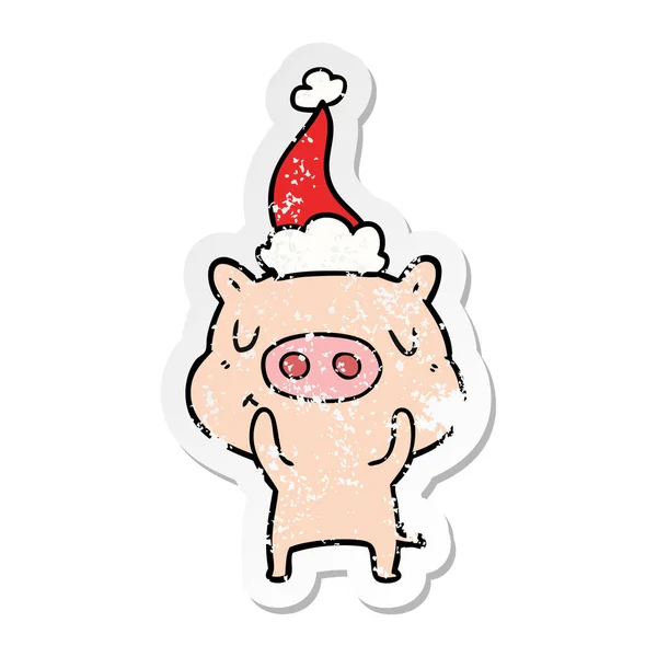 Desenhos animados adesivos angustiados de um porco de conteúdo usando chapéu de Papai Noel — Vetor de Stock