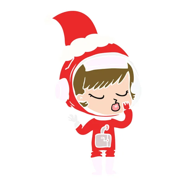 Illustrazione a colori piatta di una bella ragazza astronauta che indossa Babbo Natale — Vettoriale Stock