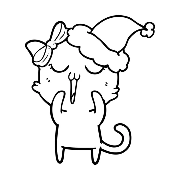 Lijntekening van een kat dragen KERSTMUTS — Stockvector