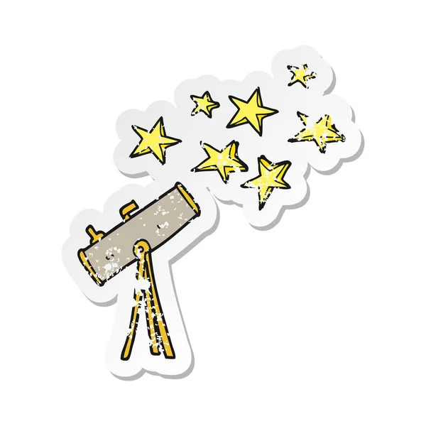 Pegatina retro angustiado de un telescopio de dibujos animados y estrellas — Vector de stock