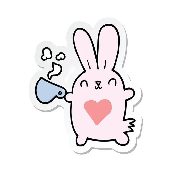 Pegatina de un lindo conejo de dibujos animados con corazón de amor y taza de café — Archivo Imágenes Vectoriales