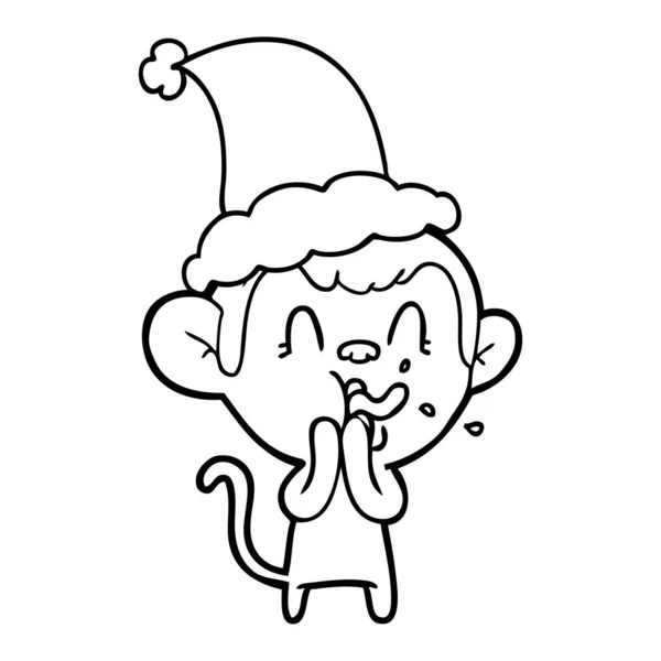 Pazzo disegno linea di una scimmia che indossa cappello di Babbo Natale — Vettoriale Stock