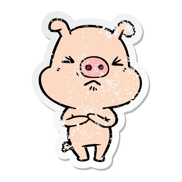 Autocollant affligé d'un cochon en colère dessin animé — Image vectorielle