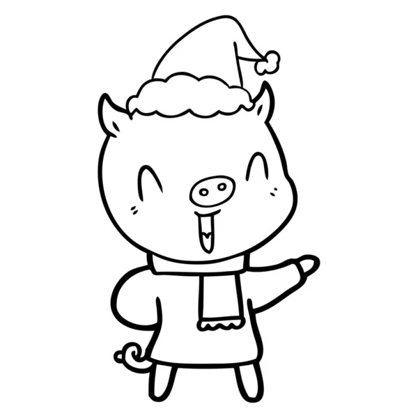 Dibujo de línea feliz de un cerdo en ropa de invierno con sombrero de santa — Vector de stock