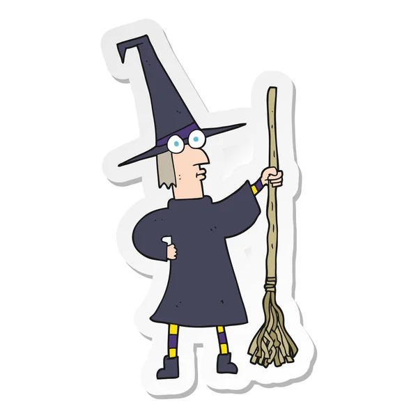 Sticker of a cartoon witch with broom — Stock Vector