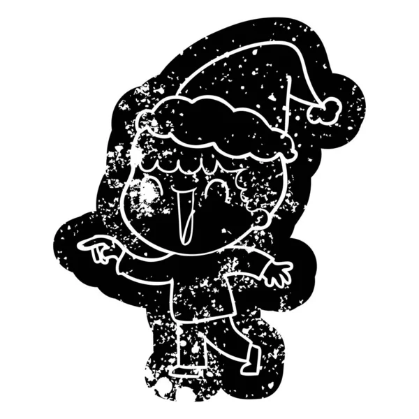 Ilginç Karikatür Sıkıntılı Simgesi Giyen Noel Baba Şapkası Işaret Eden — Stok Vektör