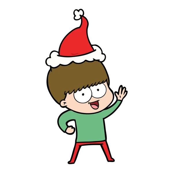 一个戴着圣诞老人帽的男孩的快乐线画 — 图库矢量图片