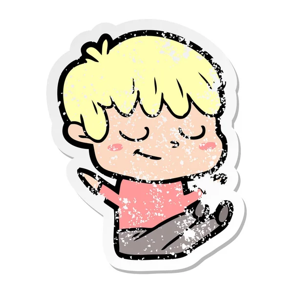 Verontruste sticker van een cartoon gelukkige jongen — Stockvector