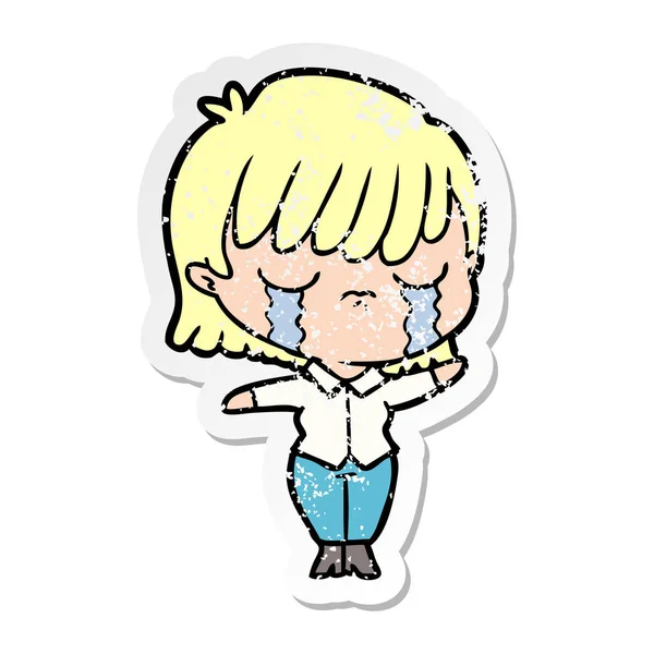 Distressed Sticker Cartoon Woman Crying — Stock Vector