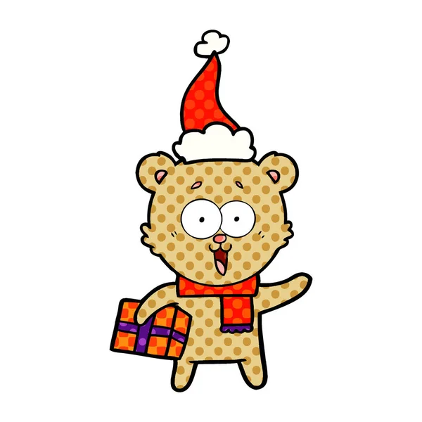 Ours Peluche Riant Avec Cadeau Noël Portant Chapeau Père Noël — Image vectorielle