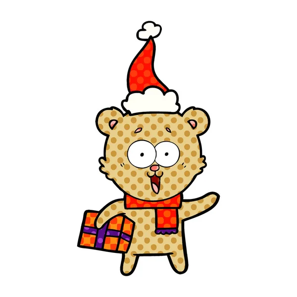 Oso Peluche Riendo Con Regalo Navidad Con Sombrero Santa — Archivo Imágenes Vectoriales