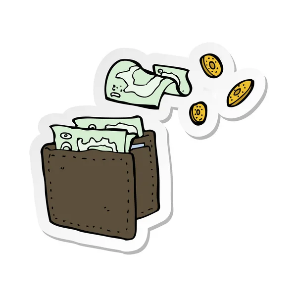 お金をこぼれる漫画財布のステッカー — ストックベクタ