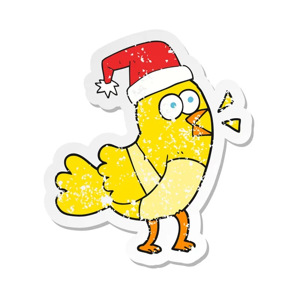 Retro Distressed Sticker Cartoon Bird Wearing Christmas Hat — Stock Vector