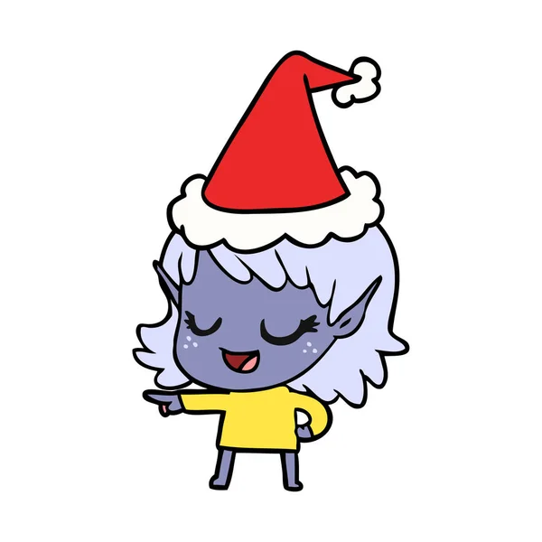 Linha feliz desenho de uma menina elfo apontando usando chapéu de santa — Vetor de Stock