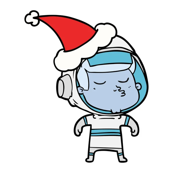 Ręcznie Rysowane Rysunek Linii Pewnie Astronauta Kapeluszu Santa — Wektor stockowy