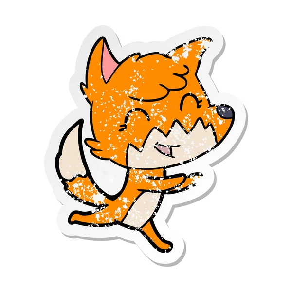 Distressed Sticker Happy Cartoon Fox — Stock Vector