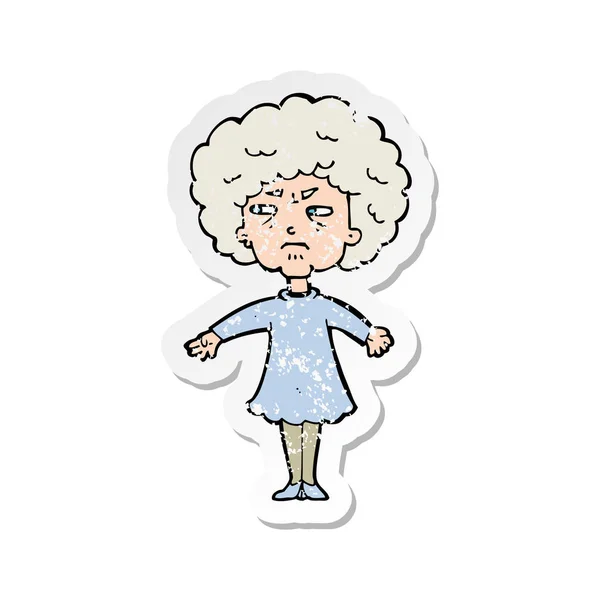 Retro distressed sticker of a cartoon bitter old woman — Stock Vector