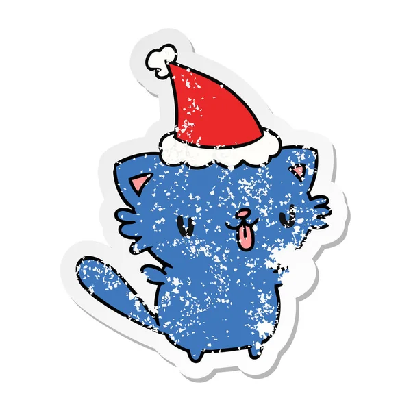 Christmas distressed sticker cartoon von kawaii cat — Stockvektor