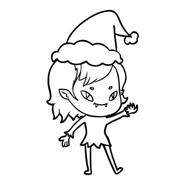 Mão Traçado Linha Desenho Amigável Vampiro Menina Vestindo Santa Chapéu — Vetor de Stock