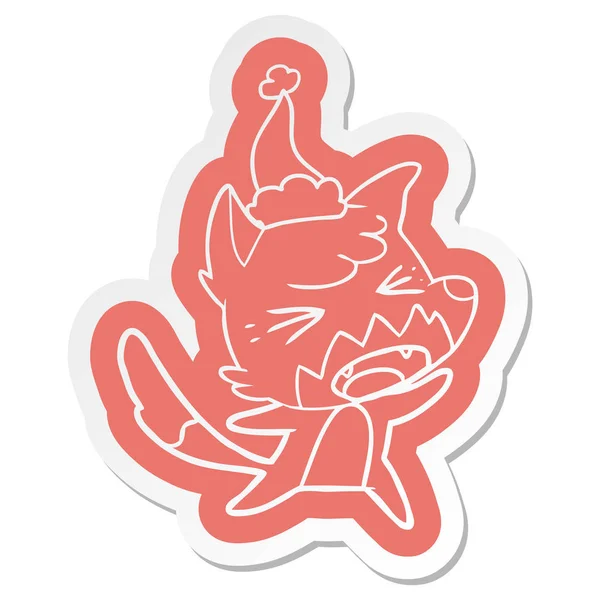 Arg tecknad klistermärke av en räv som santa hatt — Stock vektor