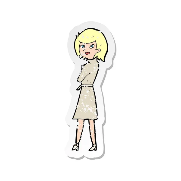 Retro distressed sticker of a cartoon woman in trench coat — Stock Vector