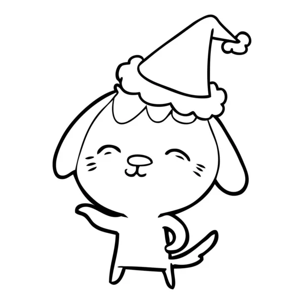 Dibujo de línea feliz de un perro con sombrero de santa — Vector de stock