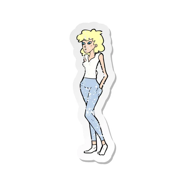 Retro noodlijdende sticker van een mooie vrouw van cartoon — Stockvector