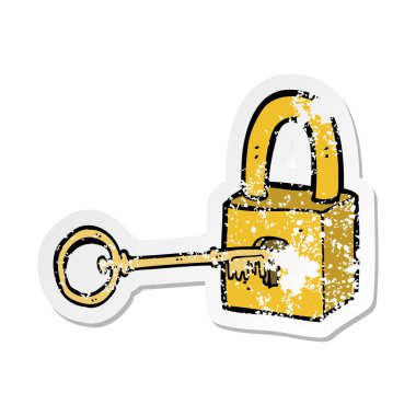 Retro sıkıntılı etiket bir karikatür asma kilit ve anahtar