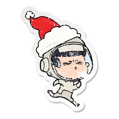 santa giyen stresli bir astronotun sıkıntılı etiket çizgi film
