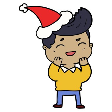 çizgi çizme giyen Noel Baba şapkası gülen bir adam, el çekilmiş