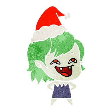 Noel Baba şapkası giyen gülünecek bir vampir kız retro çizgi film el çekilmiş