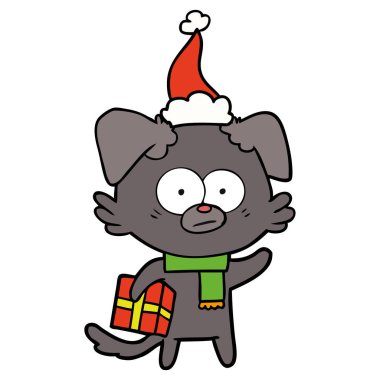 gergin köpek el çizilen çizgi çizme, bir şapka giymiş Noel hediye ile