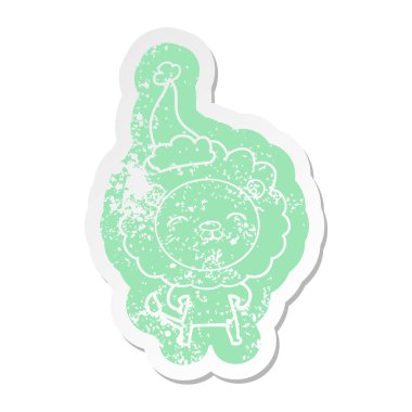 Noel Baba şapkası giyen aslan sıkıntılı Etiket cartoon