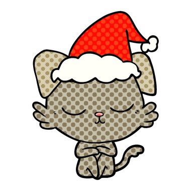 çizgi roman tarzı illüstrasyon Noel Baba şapkası giyen bir köpek sevimli el çekilmiş