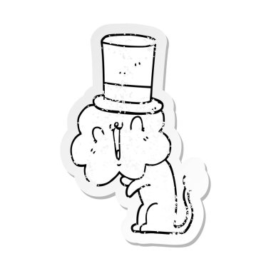 Silindir şapka giyen sevimli çizgi aslan sıkıntılı etiket